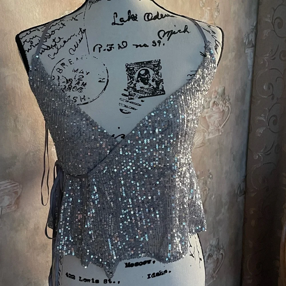 ZARA SILVER SEQUIN WRAP TOP NWT - Picture 4 of 6